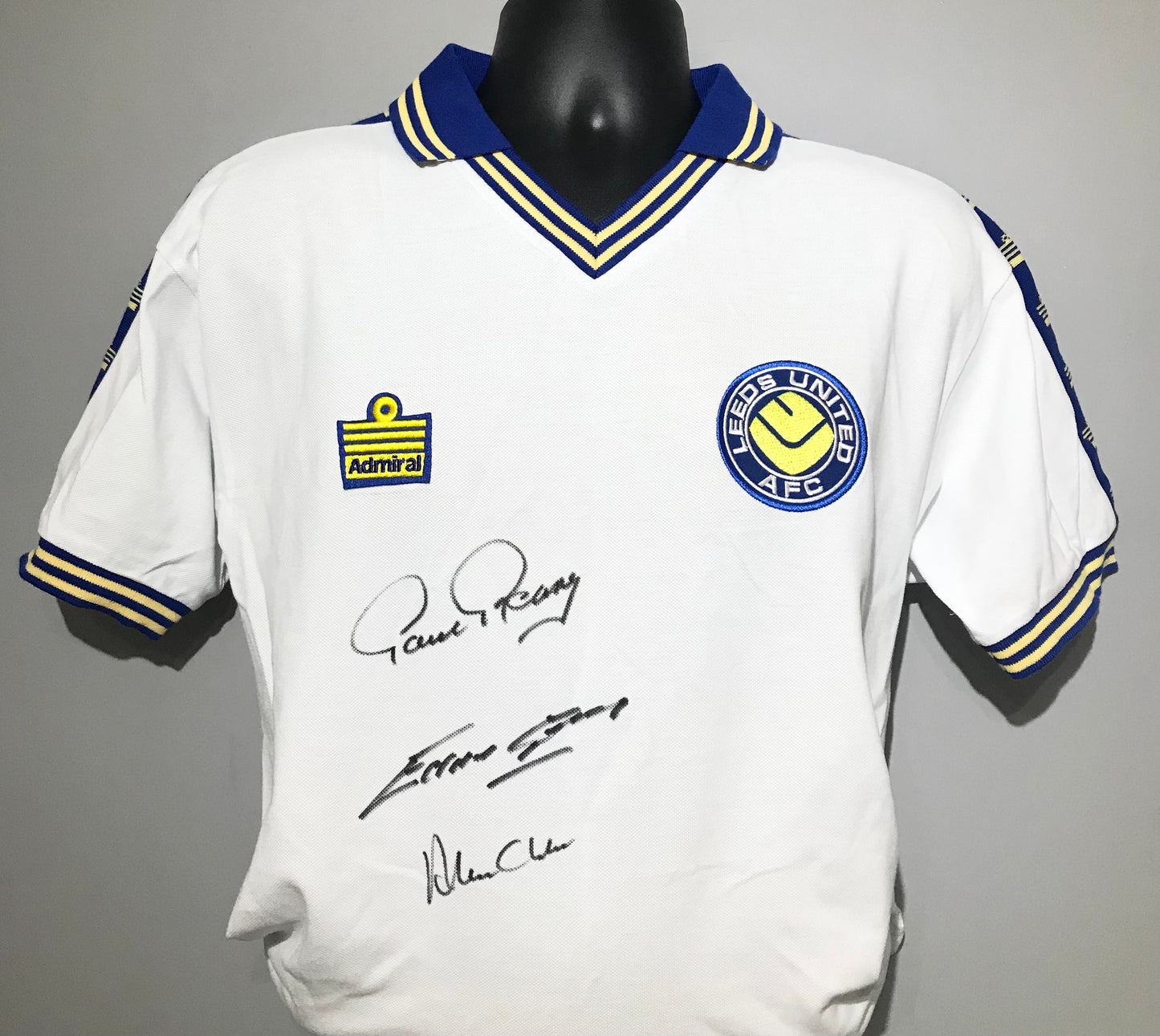 Leeds United - treble signed replica shirt - signed by Reaney, Gray & Clarke - Leeds memorabilia, gift, (UNFRAMED)
