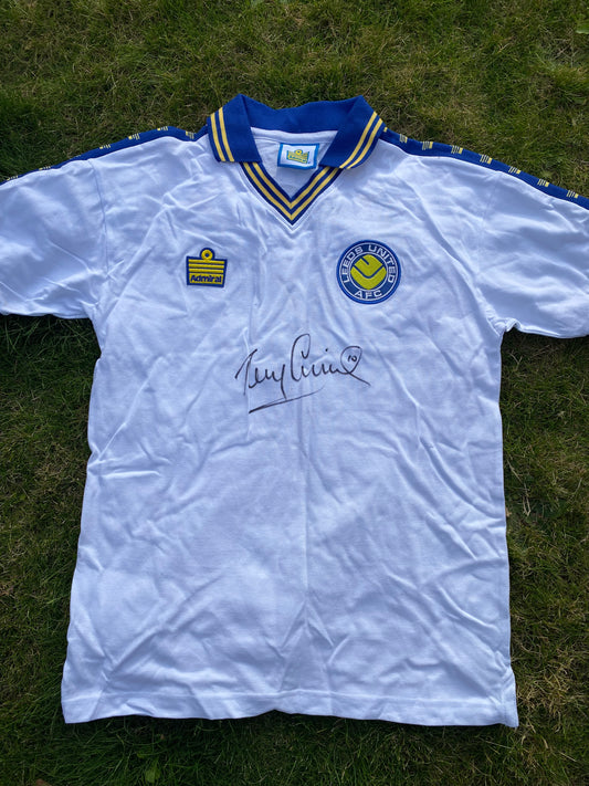 Tony Currie- Leeds United signed replica shirt - Leeds memorabilia, gift, (UNFRAMED)