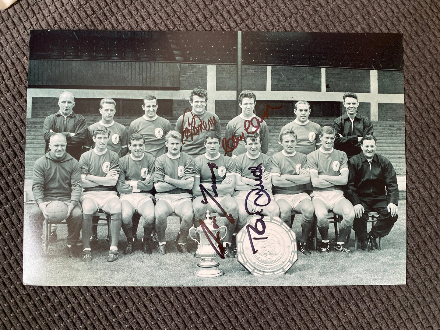 Tommy Smith, Chris Lawler, Tommy Lawrence & Ron Yeats - Liverpool FC - A4 signed photo - LFC memorabilia, gift, autograph