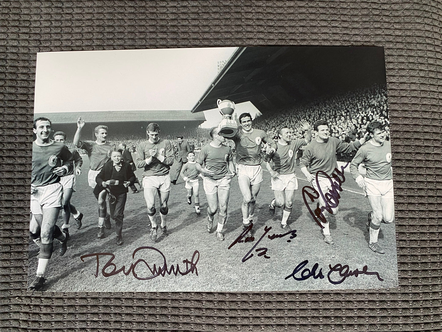 Tommy Smith, Chris Lawler, Tommy Lawrence & Ron Yeats - Liverpool FC - A4 signed photo - LFC memorabilia, gift, autograph