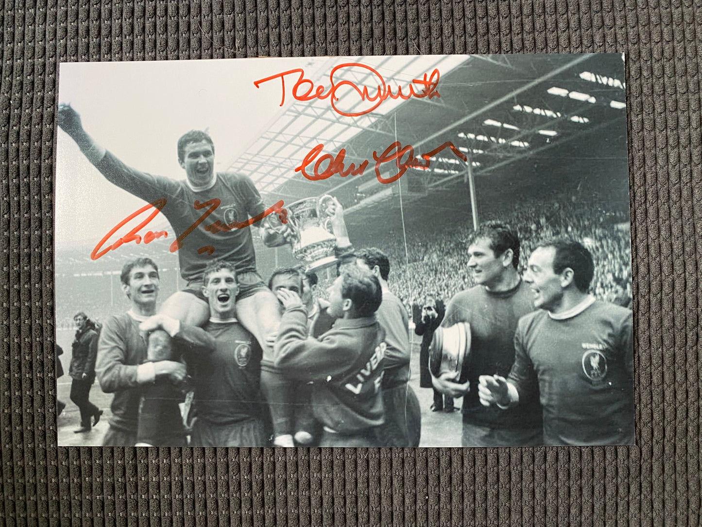 Liverpool FC - A4 photo signed by: Tommy Smith,  Chris Lawler & Ron Yeats - LFC memorabilia, gift, autograph